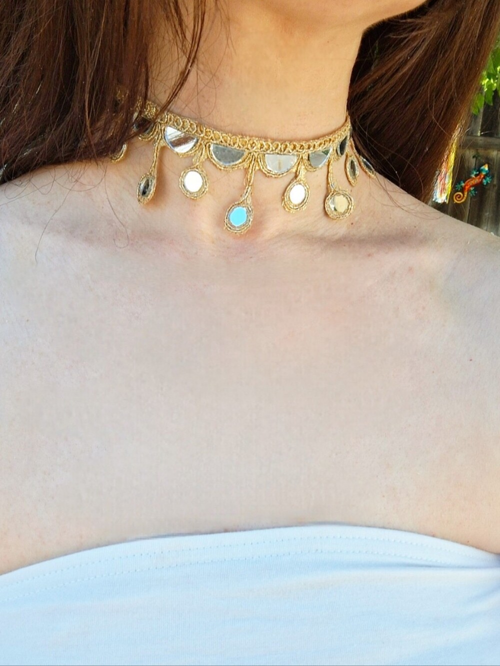 Handmade Gold Mirror Sequin Drop Choker Necklace Vacation Wedding Festival Party